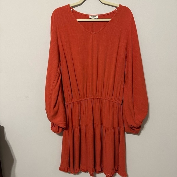 Umgee Brick Linen Long Puff Sleeve Cinched Waist Ruffle Hem Dress Size Small - Picture 3 of 10